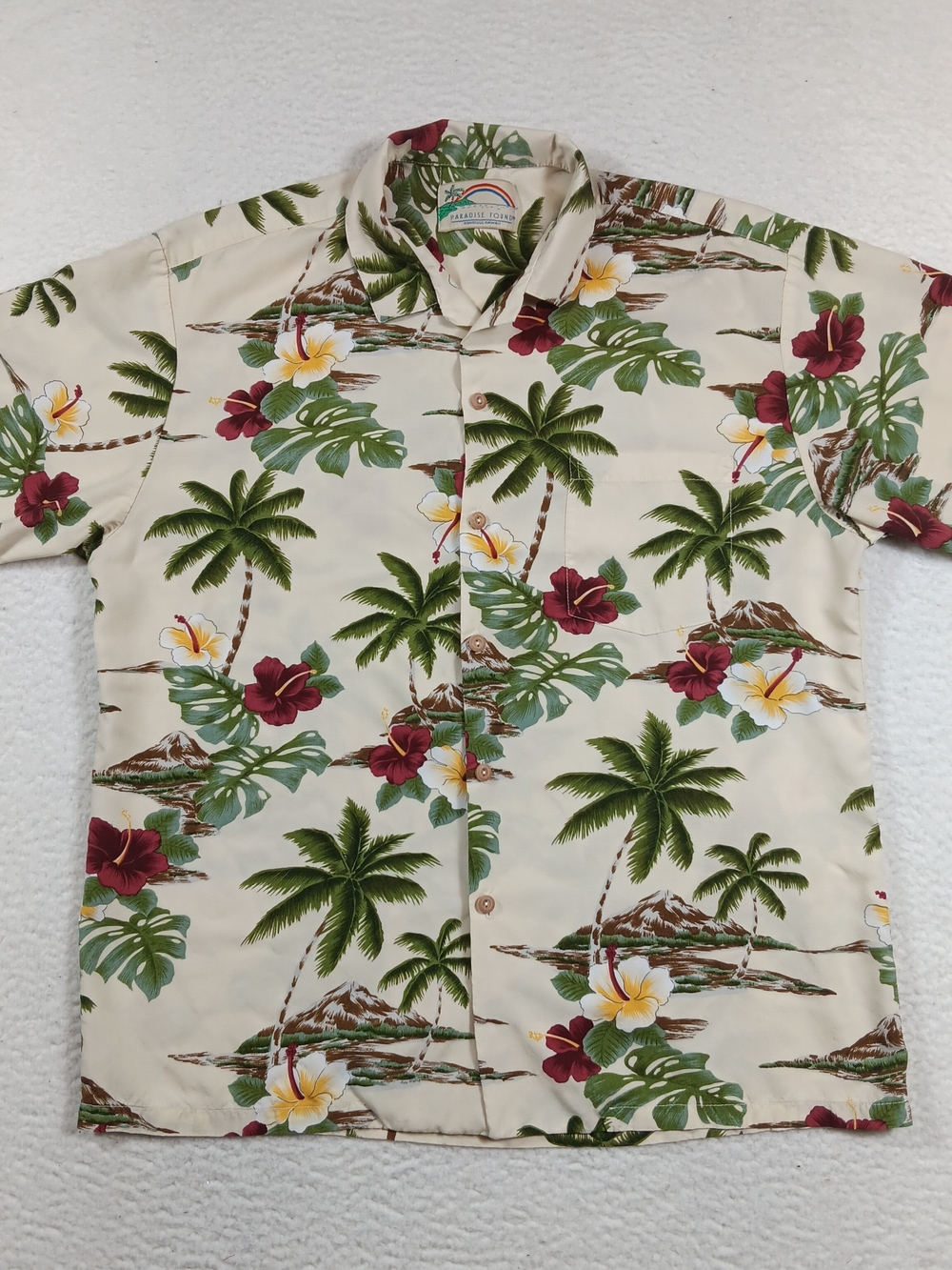 Vintage Paradise Found Shirt Mens XL Rayon Hawaiian Hibiscus Floral Camp